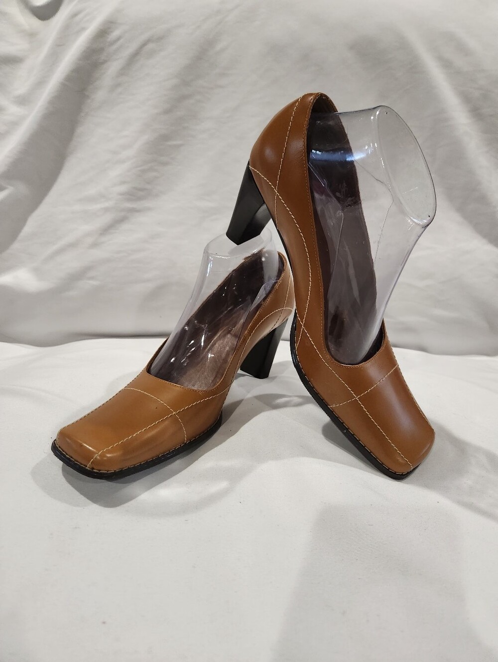 Amanda Smith Tuscany Vintage Y2K Cognac Block Heel Square Tie Pumps Size 8